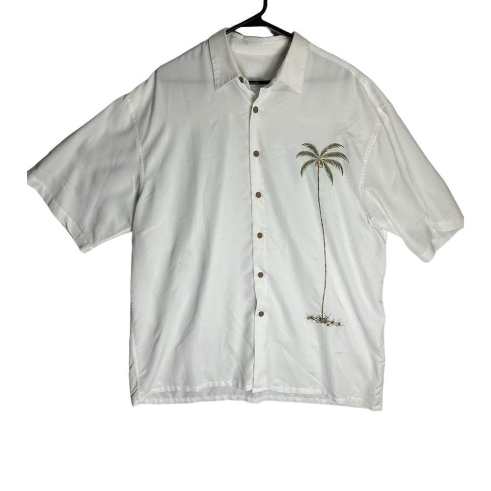 Bamboo Cay Men's Hawaiian Camp Shirt XL Off White‎ Single Palm Embroidered